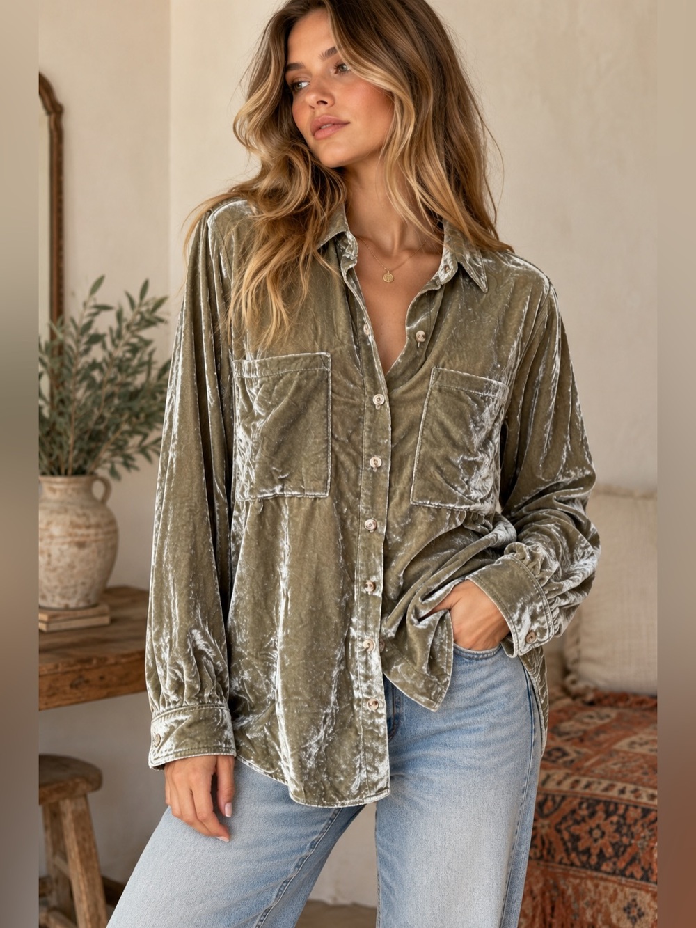 Pilcro Anthropologie Olive Crushed Velvet Button Down Shirt Small